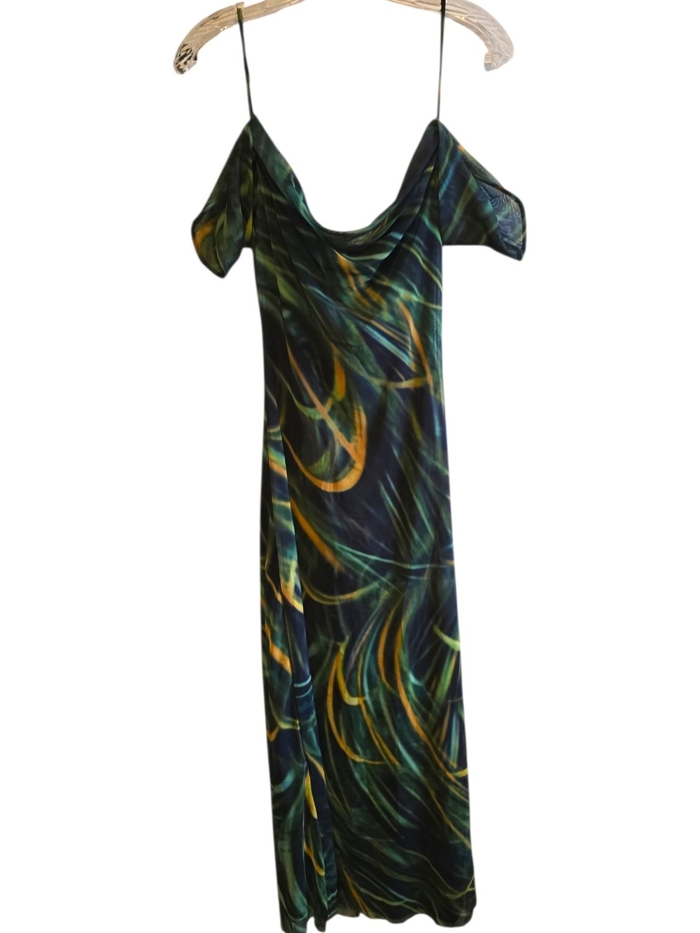 Zara Off-Shoulder Maxi Dress in Teal, Green & Yellow Swirl